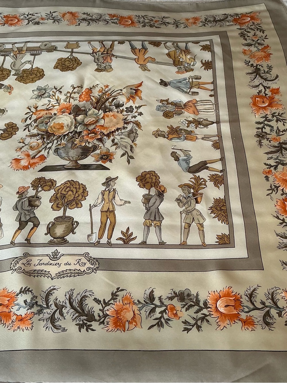 Hermes Silk Scarf in Cream, Orange & Brown Floral Garden Motif